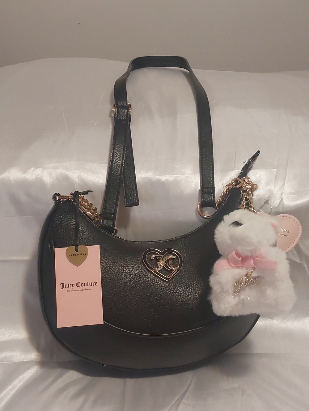 Brand New Juicy Couture Black Crescent Bag with Heart Logo & Plush Charm